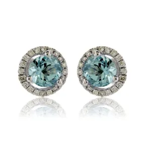 Round Aquamarine and Diamond Halo Stud Earrings
