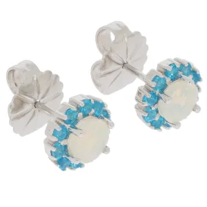 Round White Opal Sterling Silver Earrings with Accent