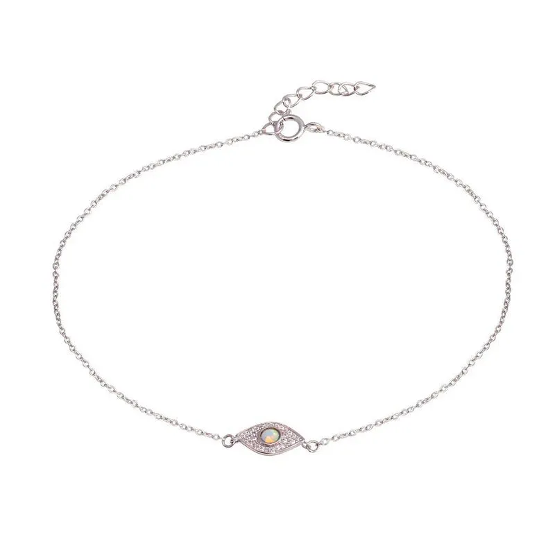 Silver 925 Rhodium Plated Evil Eye CZ Opal Anklet