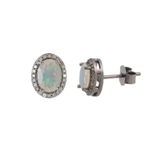 Silver Opal & Diamond Halo Studs Earrings