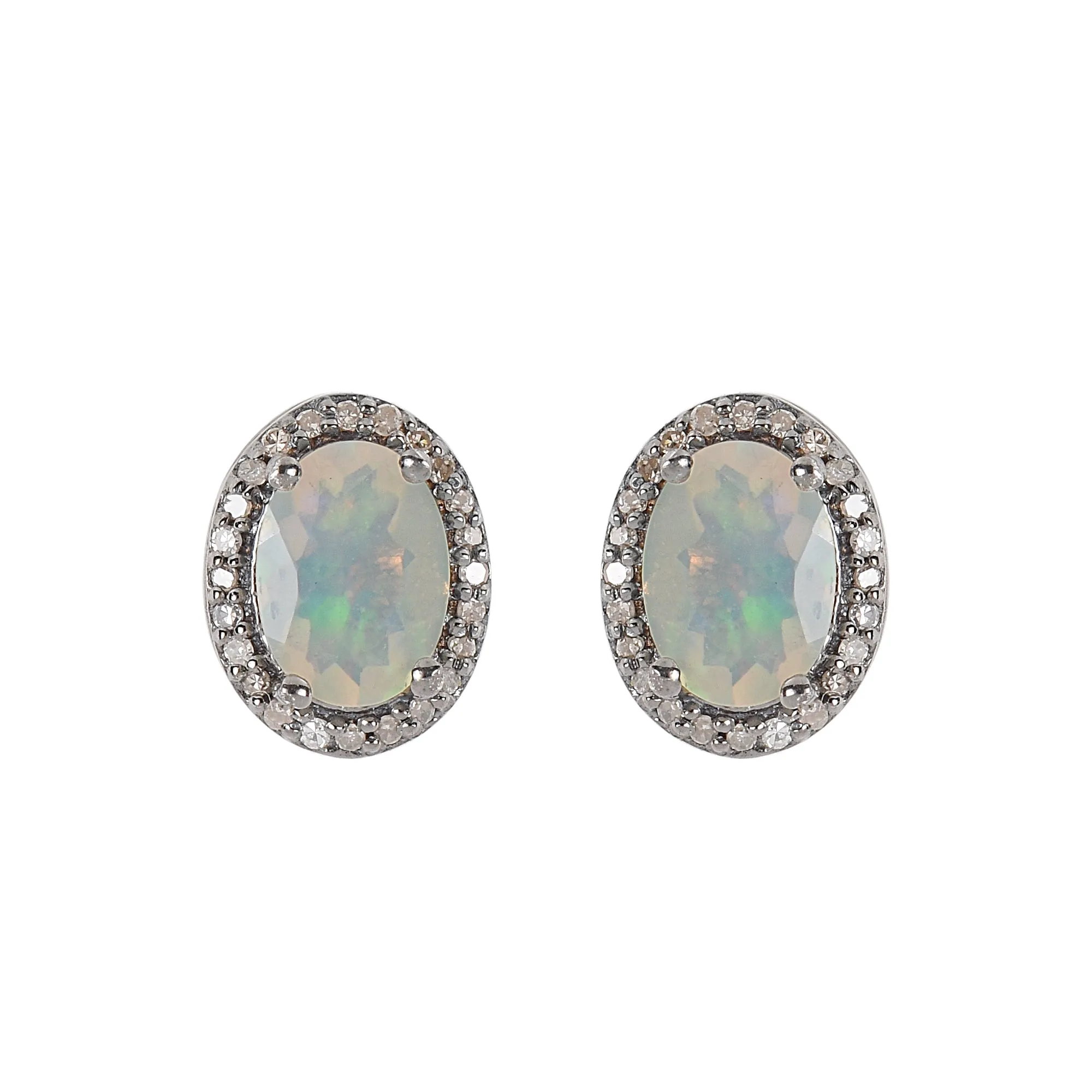 Silver Opal & Diamond Halo Studs Earrings