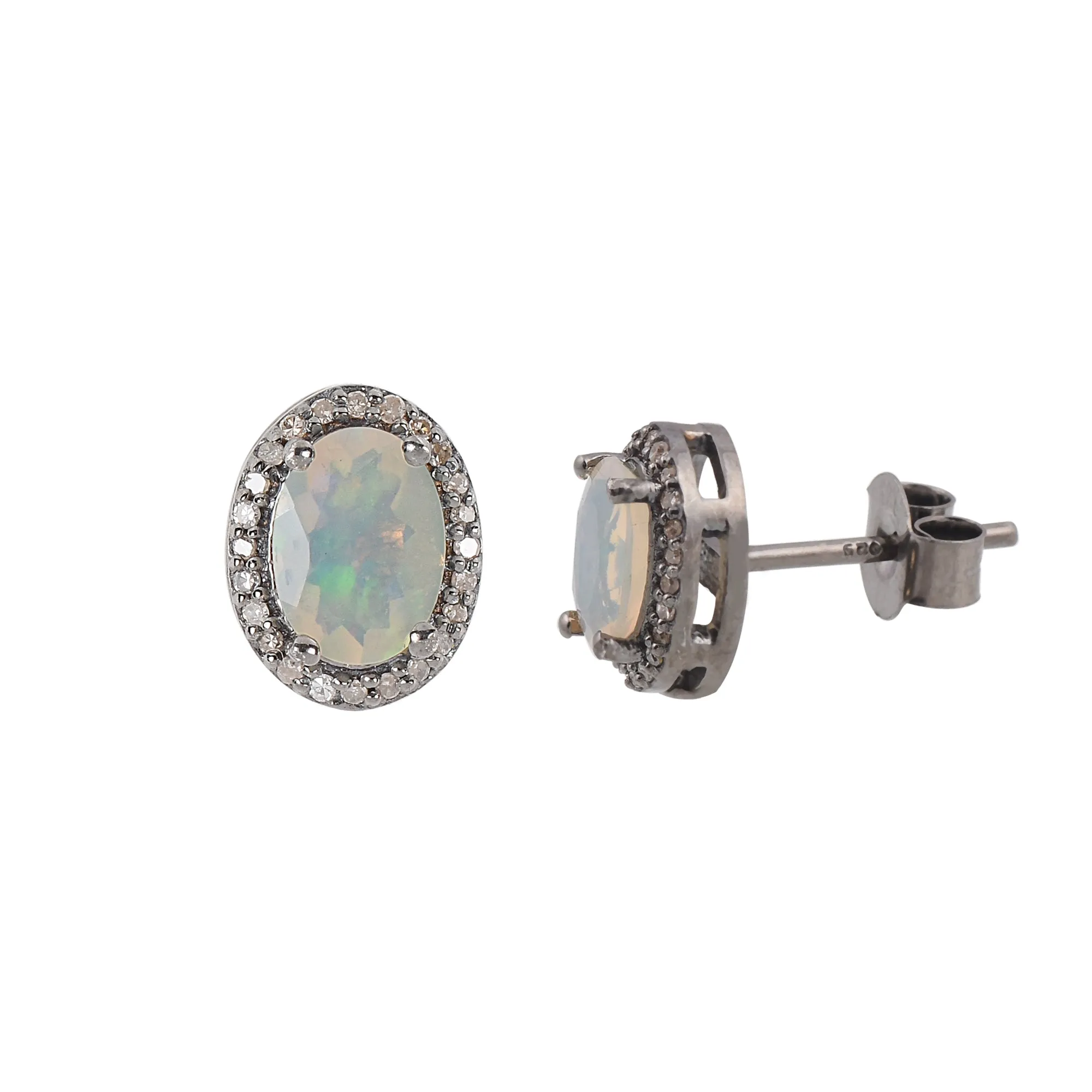 Silver Opal & Diamond Halo Studs Earrings