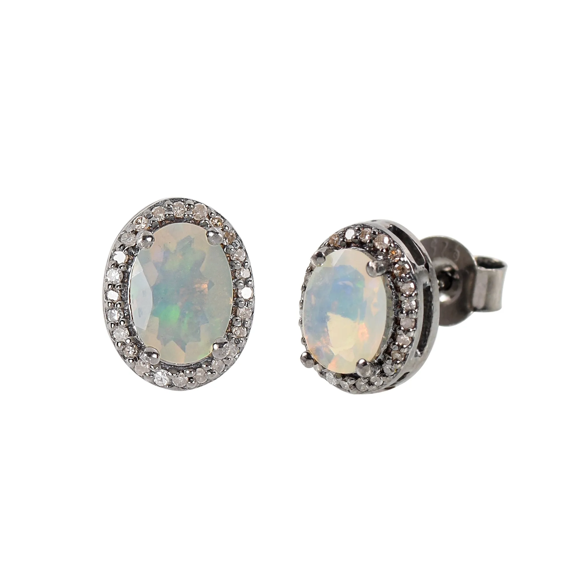Silver Opal & Diamond Halo Studs Earrings