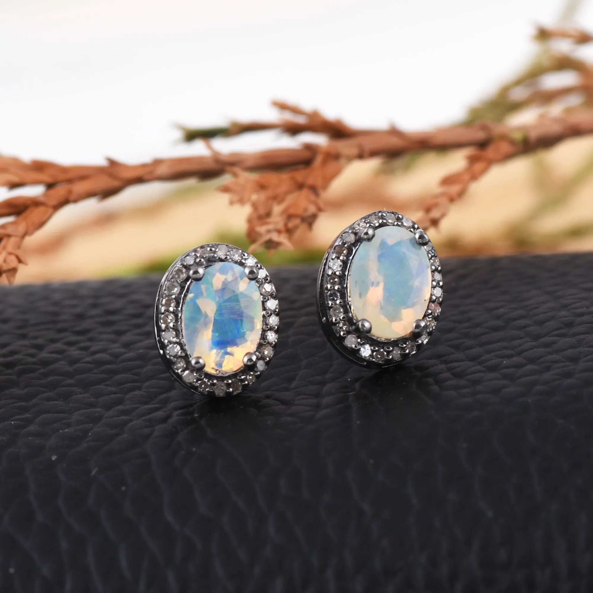 Silver Opal & Diamond Halo Studs Earrings