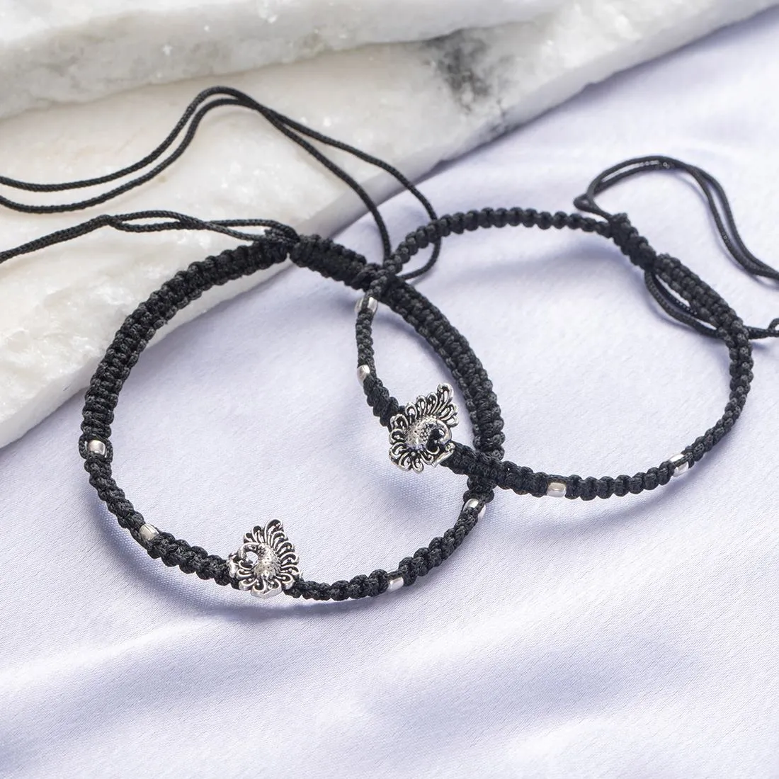 Silver Plumage 925 Sterling Silver Peacock Anklet with Black Thread