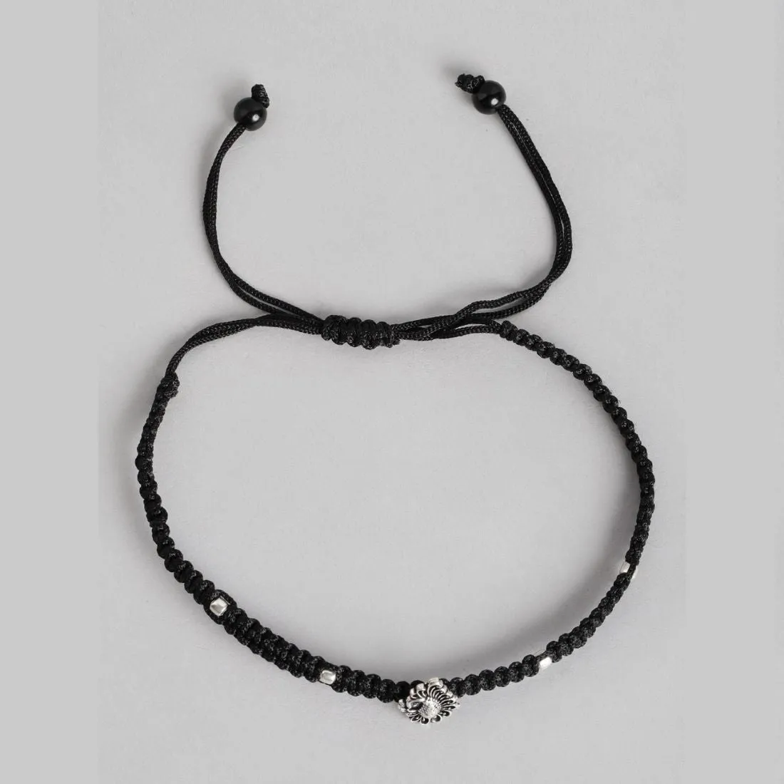 Silver Plumage 925 Sterling Silver Peacock Anklet with Black Thread