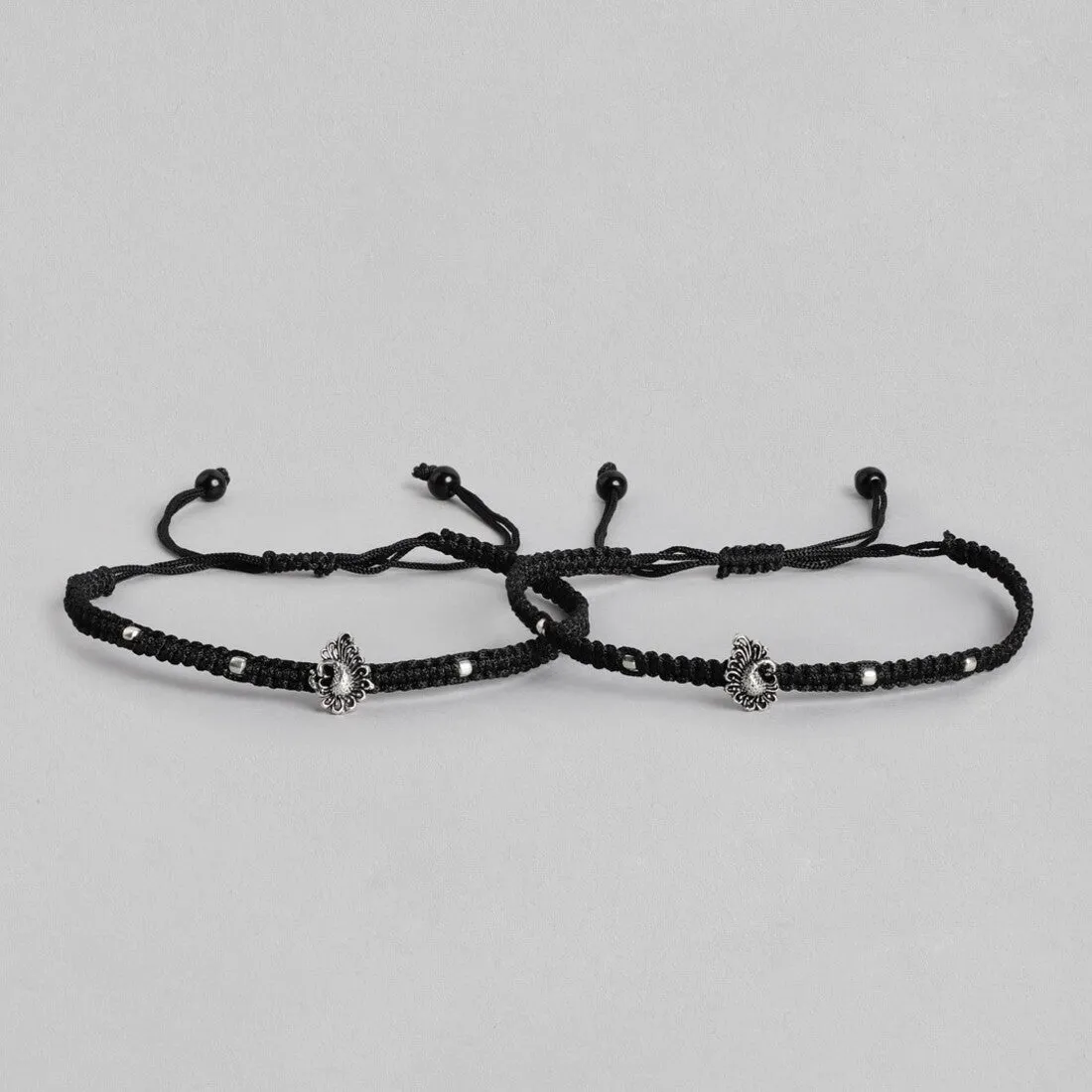 Silver Plumage 925 Sterling Silver Peacock Anklet with Black Thread