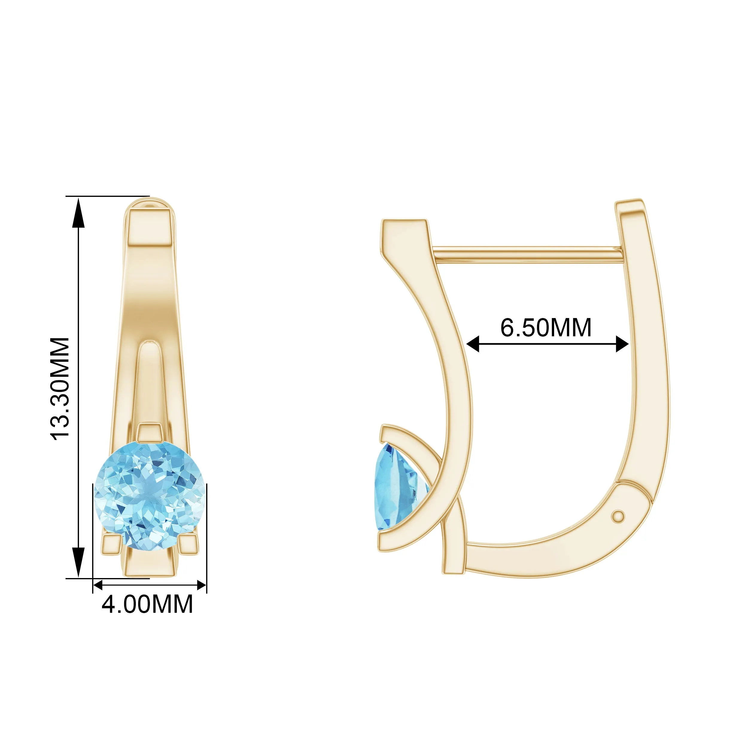 Simple Aquamarine Solitaire Gold Hoop Earring with Lever Back Closure