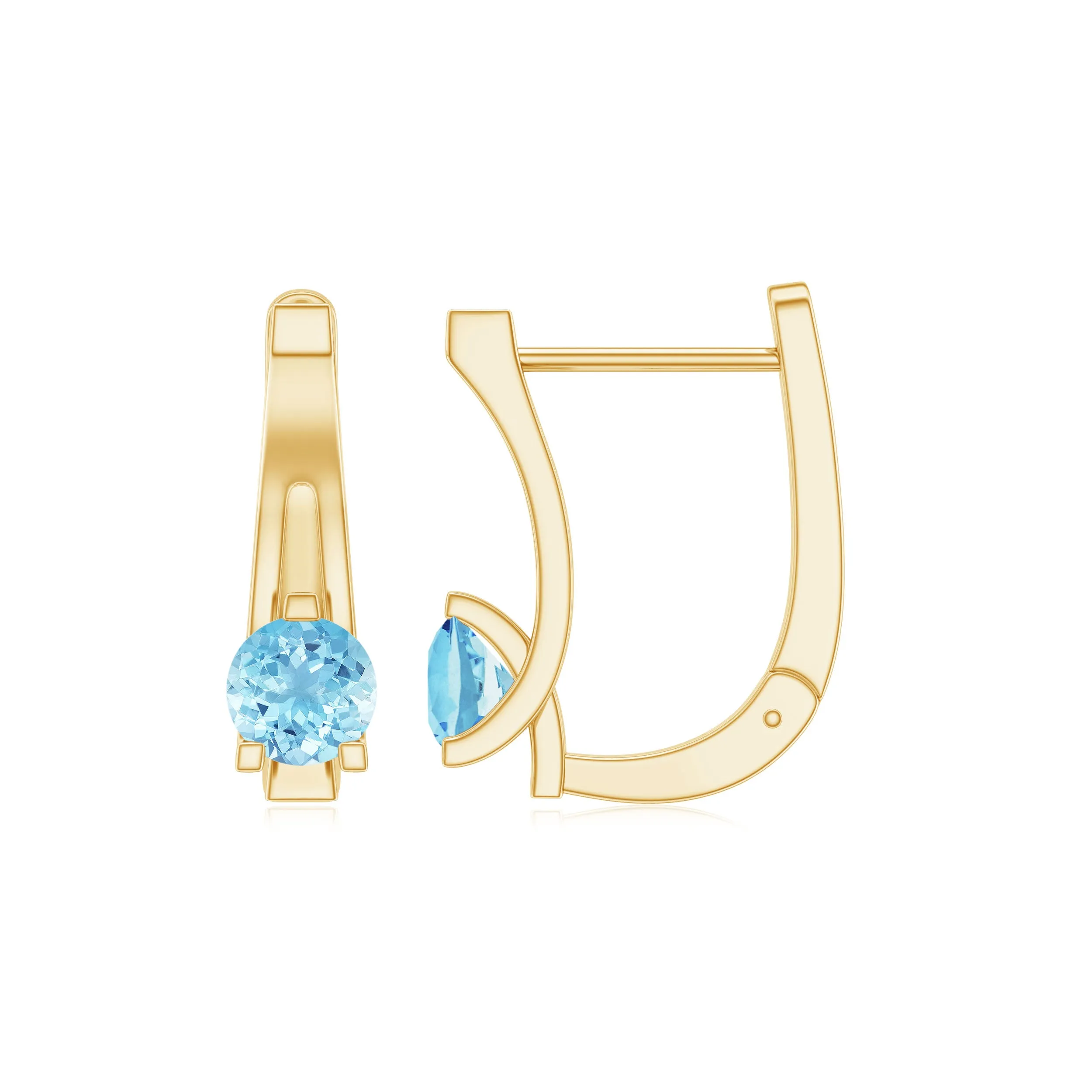 Simple Aquamarine Solitaire Gold Hoop Earring with Lever Back Closure