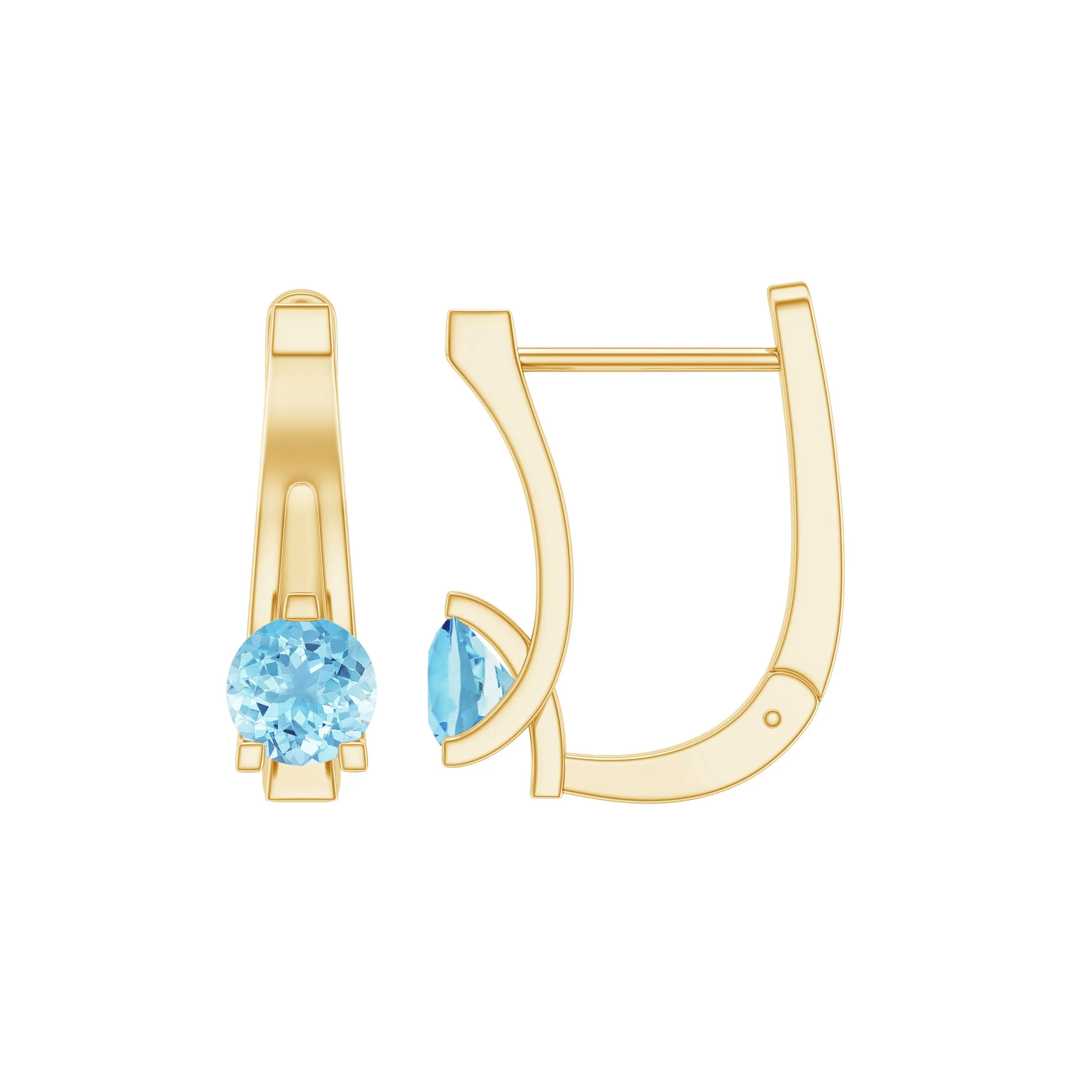 Simple Aquamarine Solitaire Gold Hoop Earring with Lever Back Closure