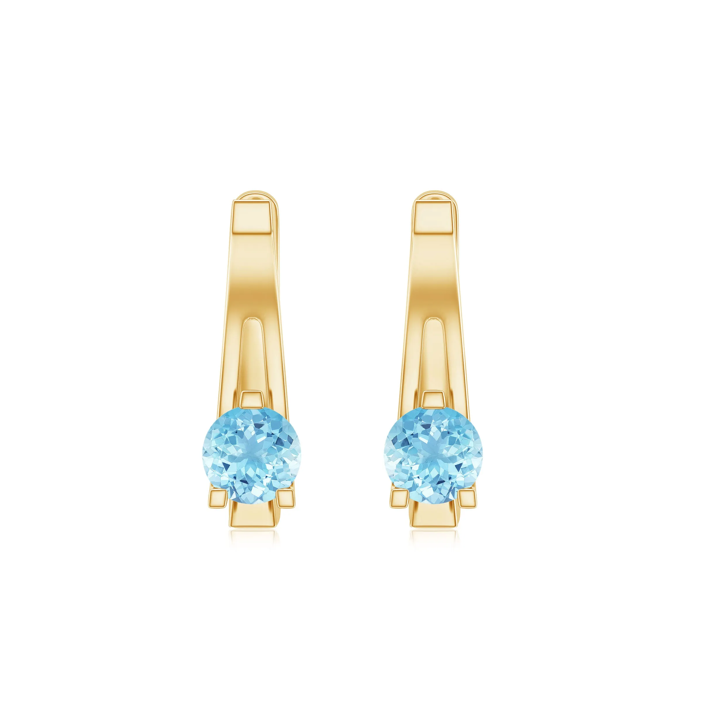 Simple Aquamarine Solitaire Gold Hoop Earring with Lever Back Closure