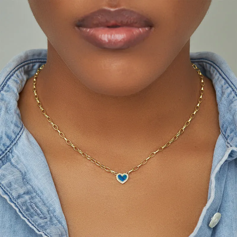 Small Edith Link Necklace with Opal Inlay Heart with Diamonds