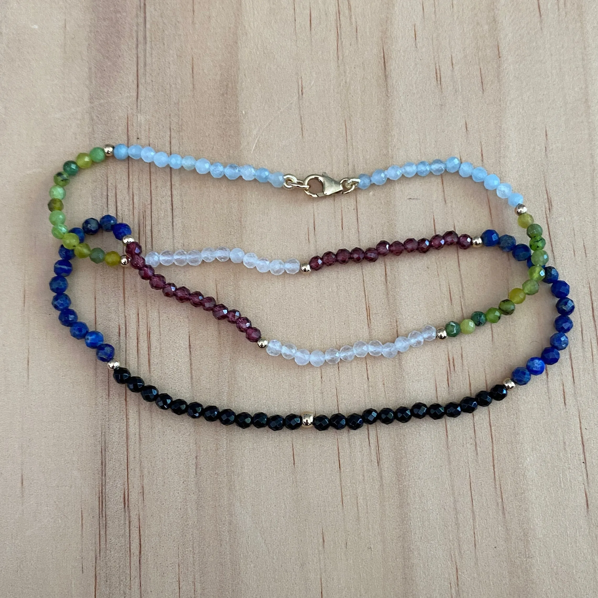 Solid 9 Carat Yellow Gold Onyx, Lapis Lazuli, Garnet, Moonstone, Chrysoprase & Aquamarine Necklace