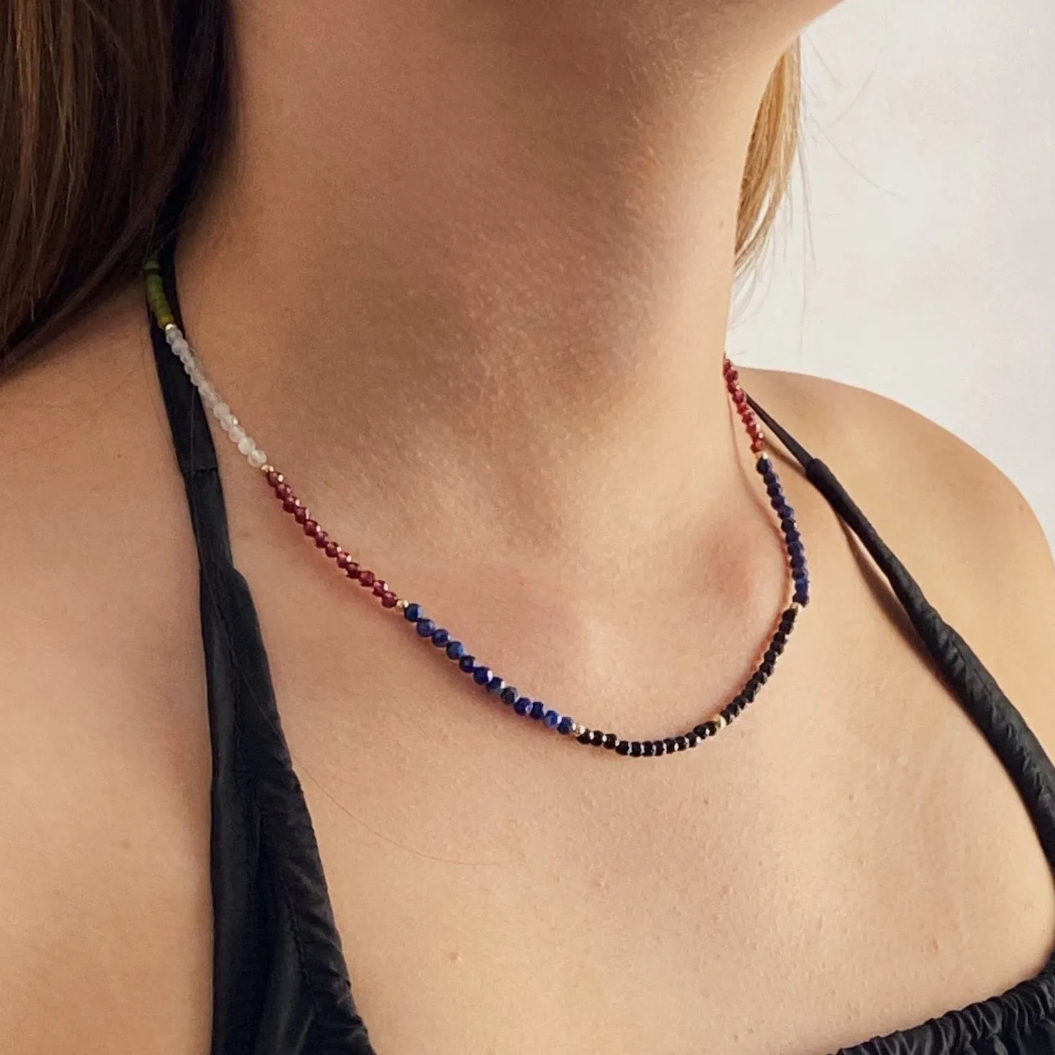 Solid 9 Carat Yellow Gold Onyx, Lapis Lazuli, Garnet, Moonstone, Chrysoprase & Aquamarine Necklace