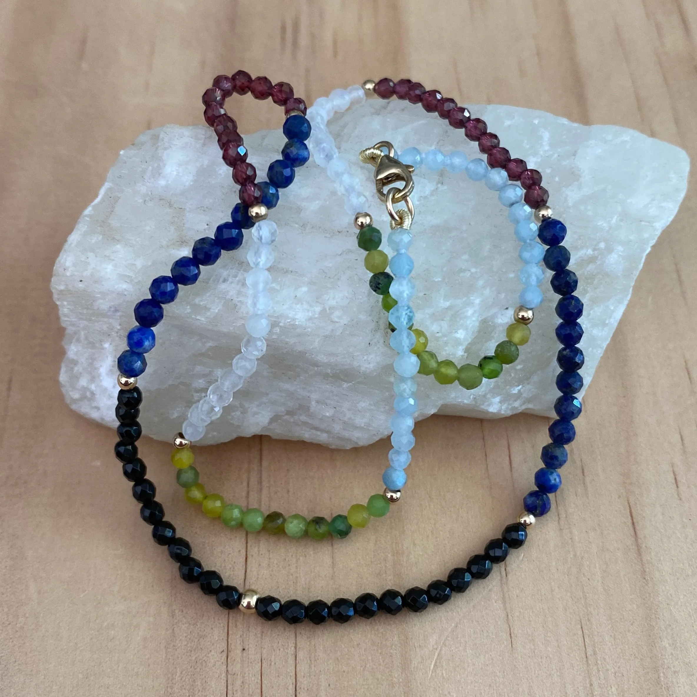 Solid 9 Carat Yellow Gold Onyx, Lapis Lazuli, Garnet, Moonstone, Chrysoprase & Aquamarine Necklace