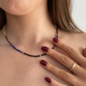 Solid 9 Carat Yellow Gold Onyx, Lapis Lazuli, Garnet, Moonstone, Chrysoprase & Aquamarine Necklace