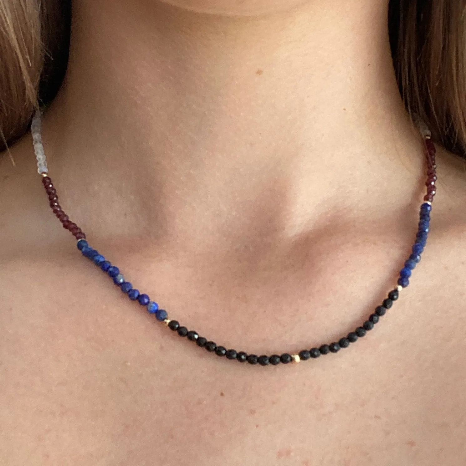 Solid 9 Carat Yellow Gold Onyx, Lapis Lazuli, Garnet, Moonstone, Chrysoprase & Aquamarine Necklace
