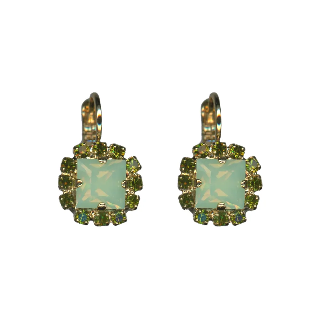 Square Halo Leverback Earrings in "Evergreen" - Yellow Gold