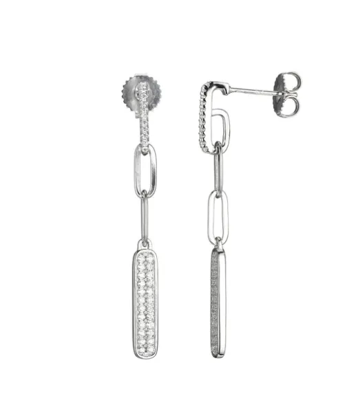 Sterling Silver CZ Bar Paperclip Dangle Earrings (SI5227)