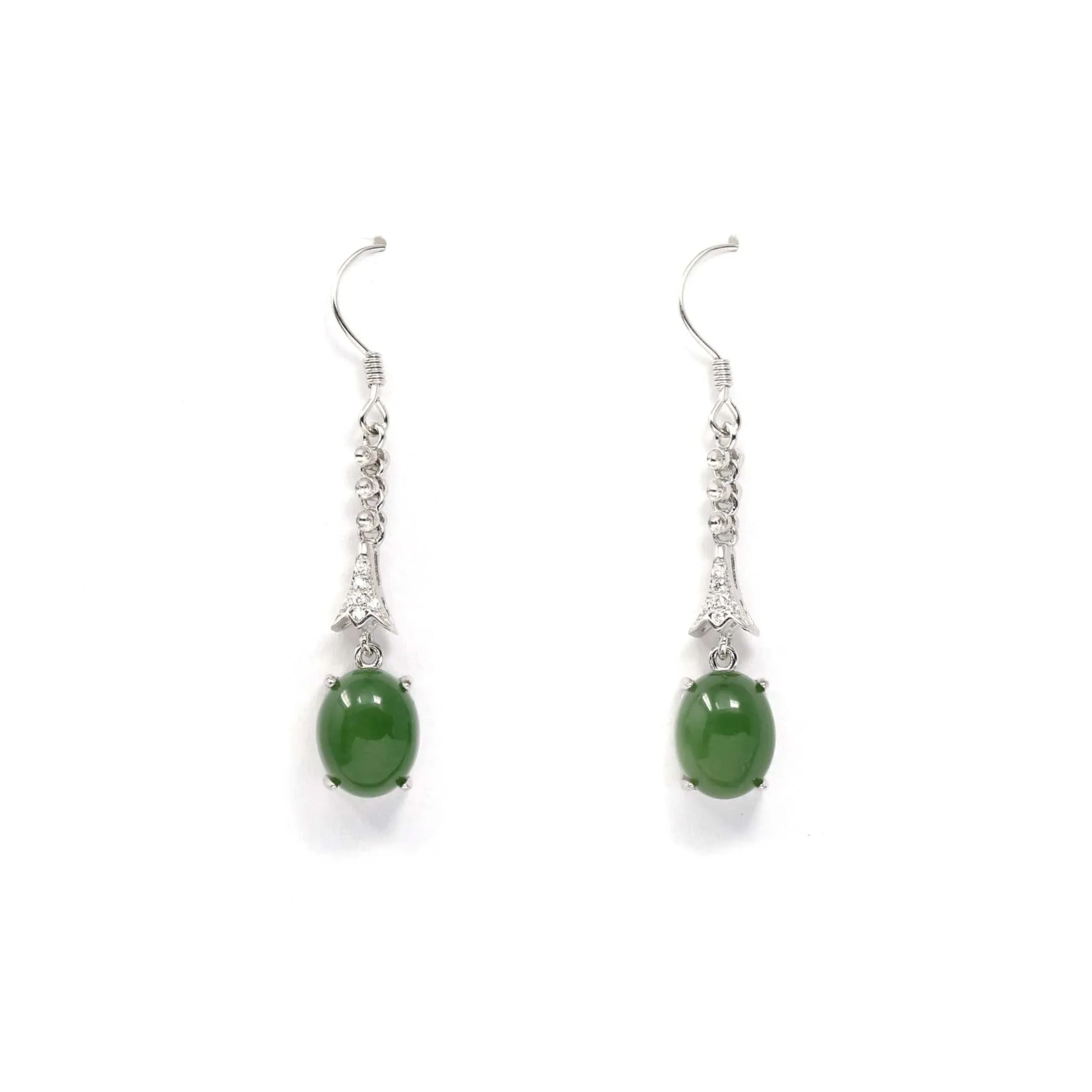 Sterling Silver Genuine Nephrite Green Jade Diamond Dangle Earrings