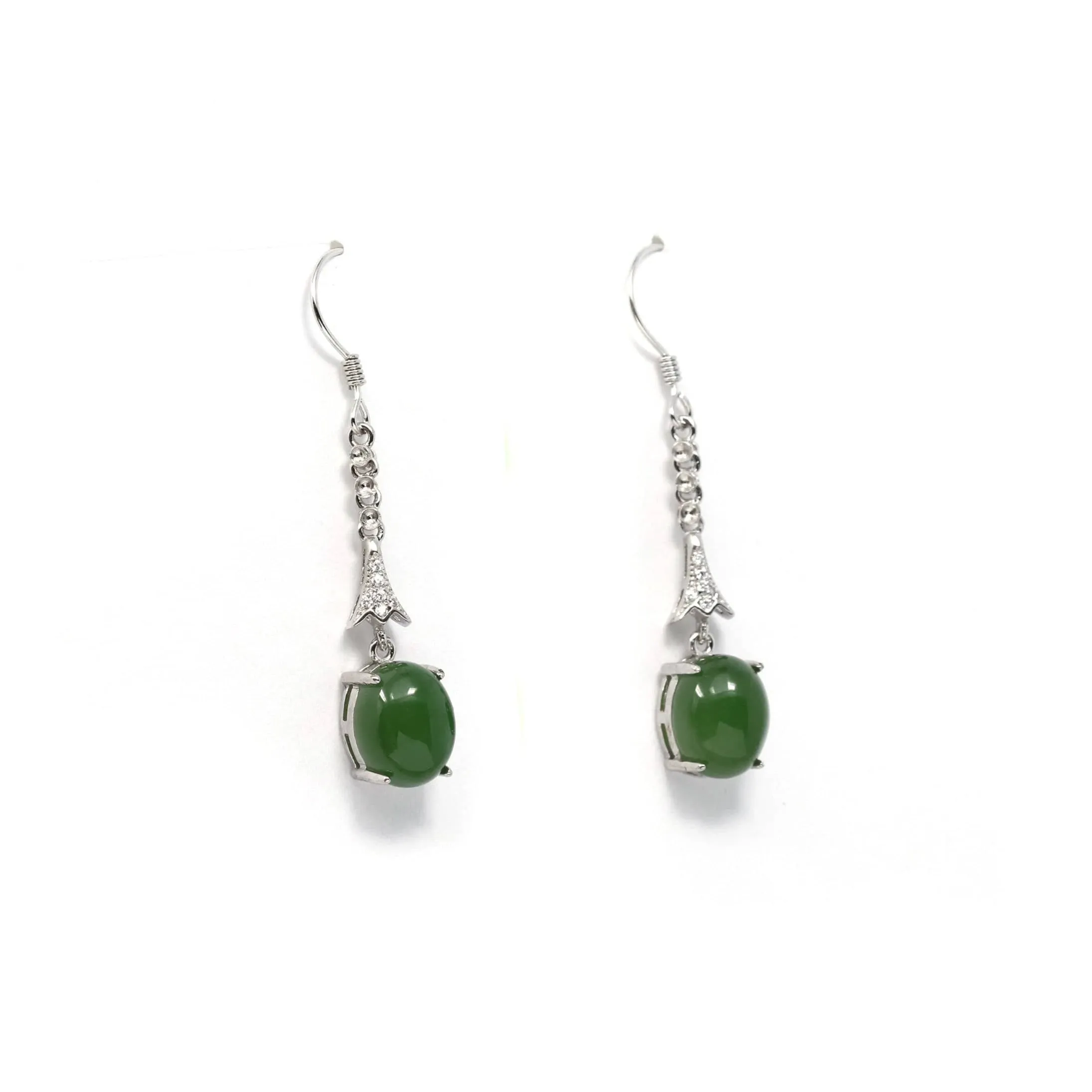 Sterling Silver Genuine Nephrite Green Jade Diamond Dangle Earrings
