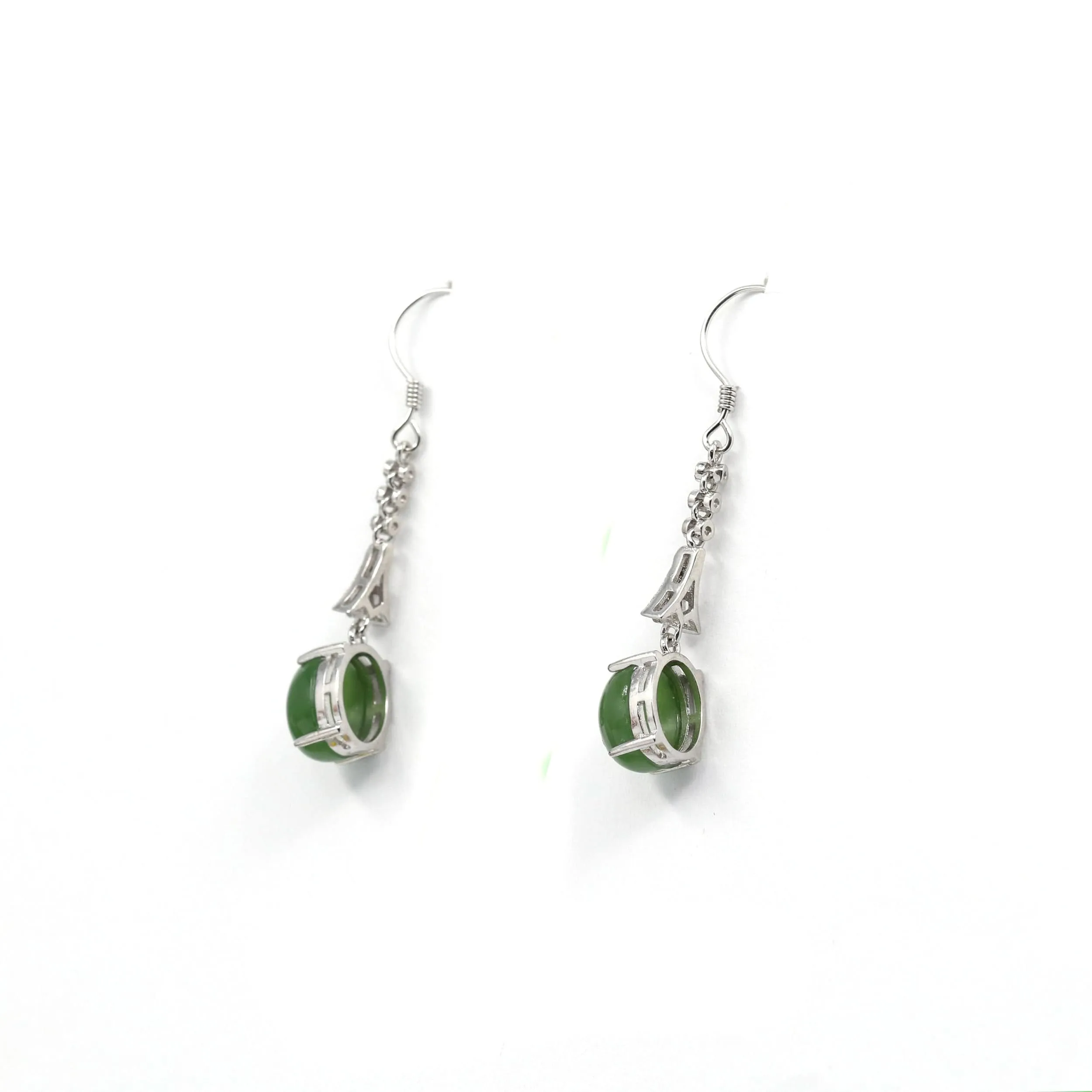 Sterling Silver Genuine Nephrite Green Jade Diamond Dangle Earrings