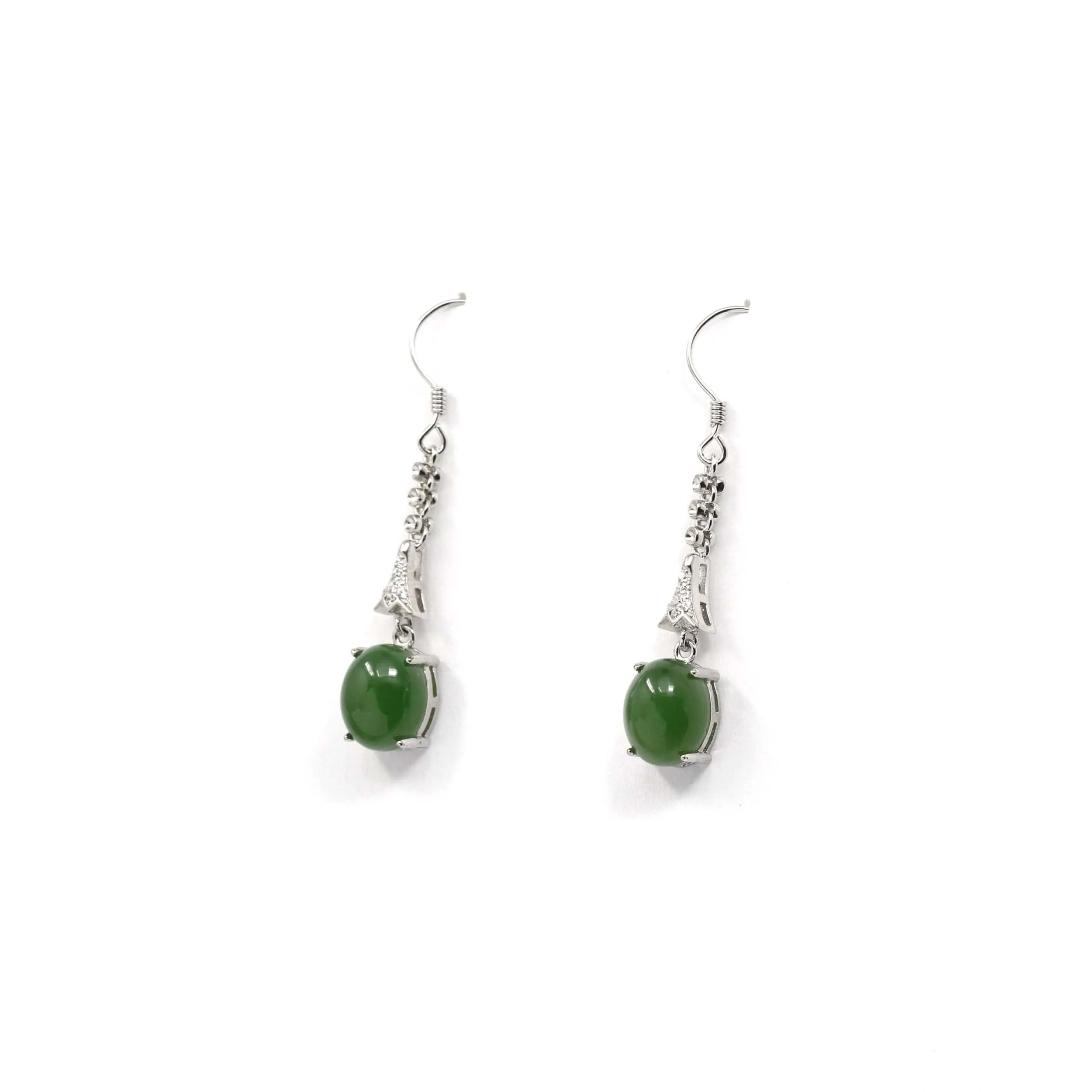 Sterling Silver Genuine Nephrite Green Jade Diamond Dangle Earrings