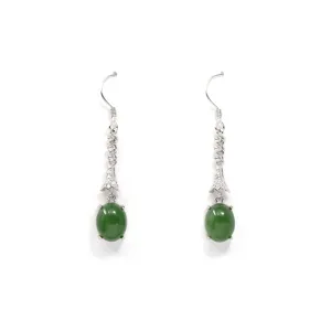 Sterling Silver Genuine Nephrite Green Jade Diamond Dangle Earrings