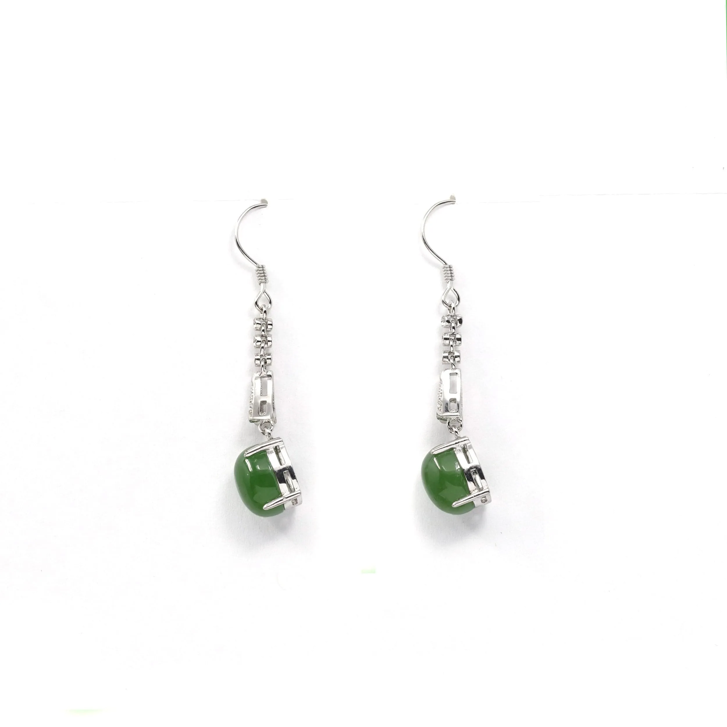 Sterling Silver Genuine Nephrite Green Jade Diamond Dangle Earrings