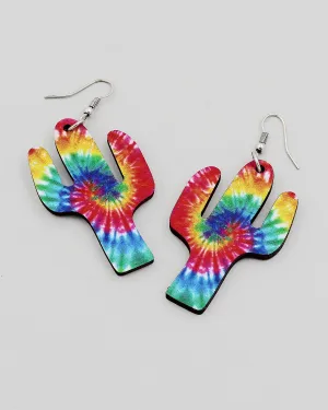 Tie Dye Print Wooden Cactus Earrings