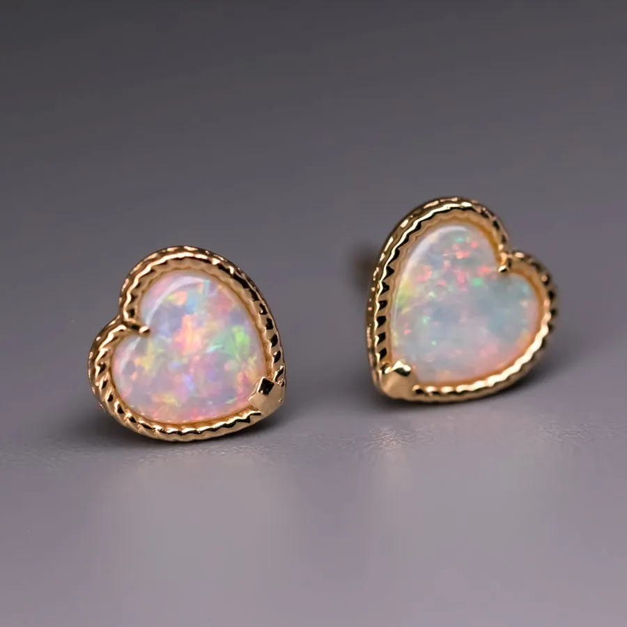 Top Quality Solid Opal Twisted Design Heart Stud Earrings 18K Yellow Gold