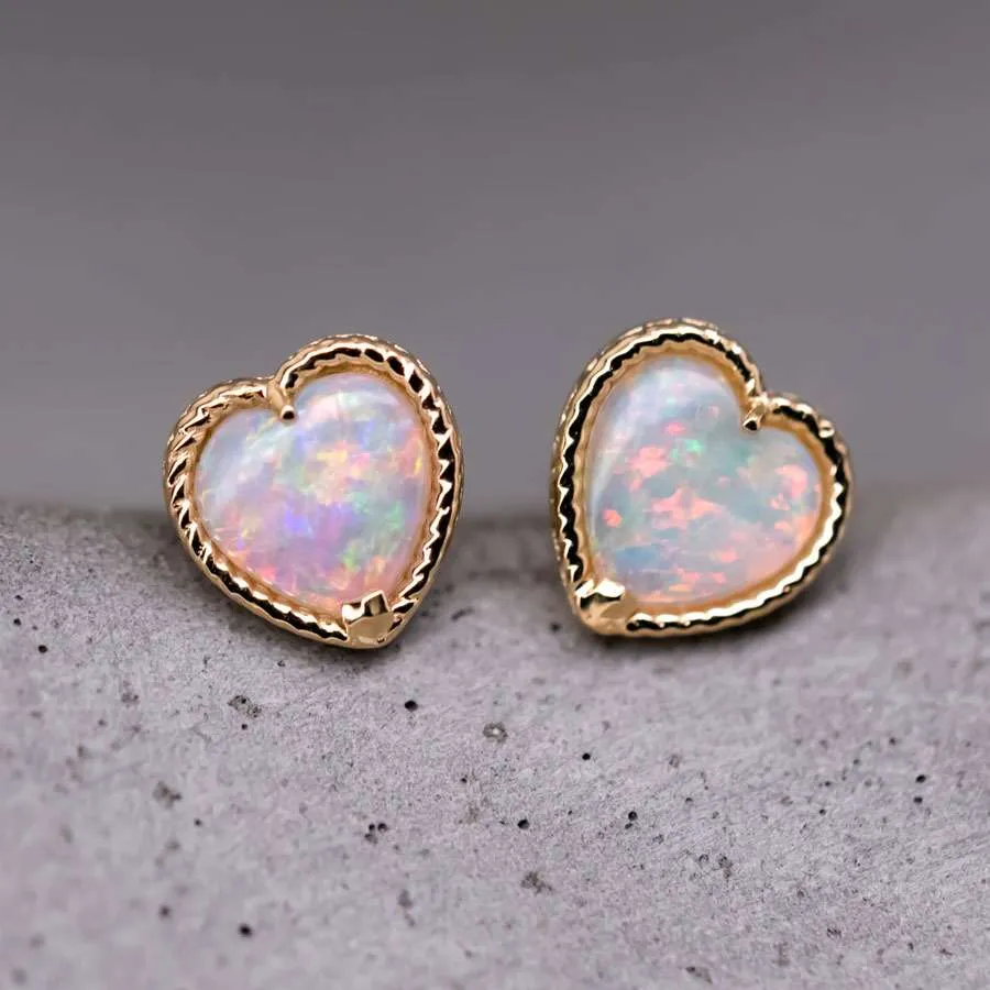 Top Quality Solid Opal Twisted Design Heart Stud Earrings 18K Yellow Gold