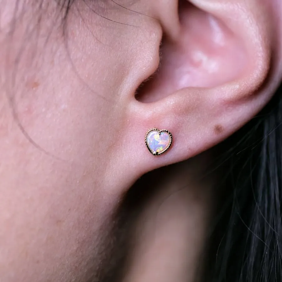 Top Quality Solid Opal Twisted Design Heart Stud Earrings 18K Yellow Gold