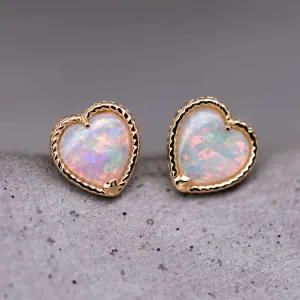Top Quality Solid Opal Twisted Design Heart Stud Earrings 18K Yellow Gold