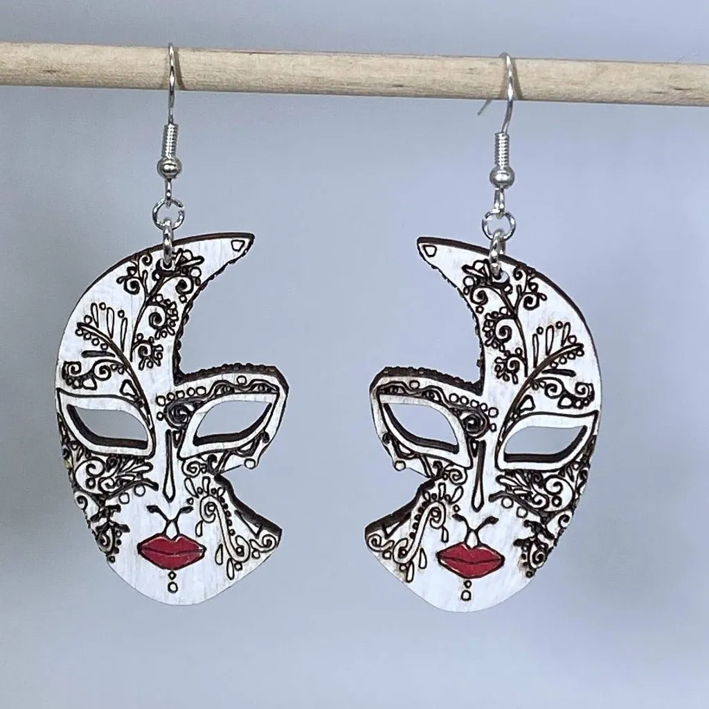 Venetian Half Mask Wooden Dangle Earrings by Cate's Concepts, LLC