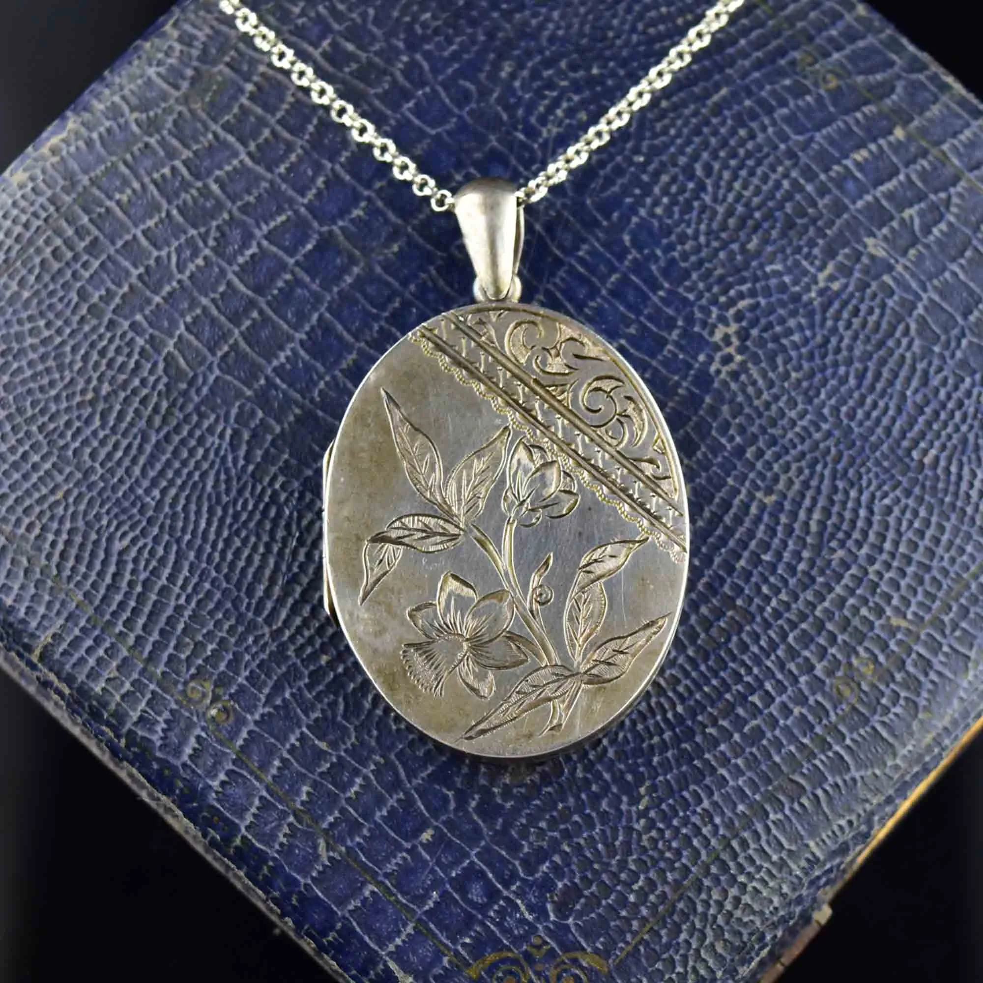 Victorian Large Silver Daffodil Mourning Locket Necklace