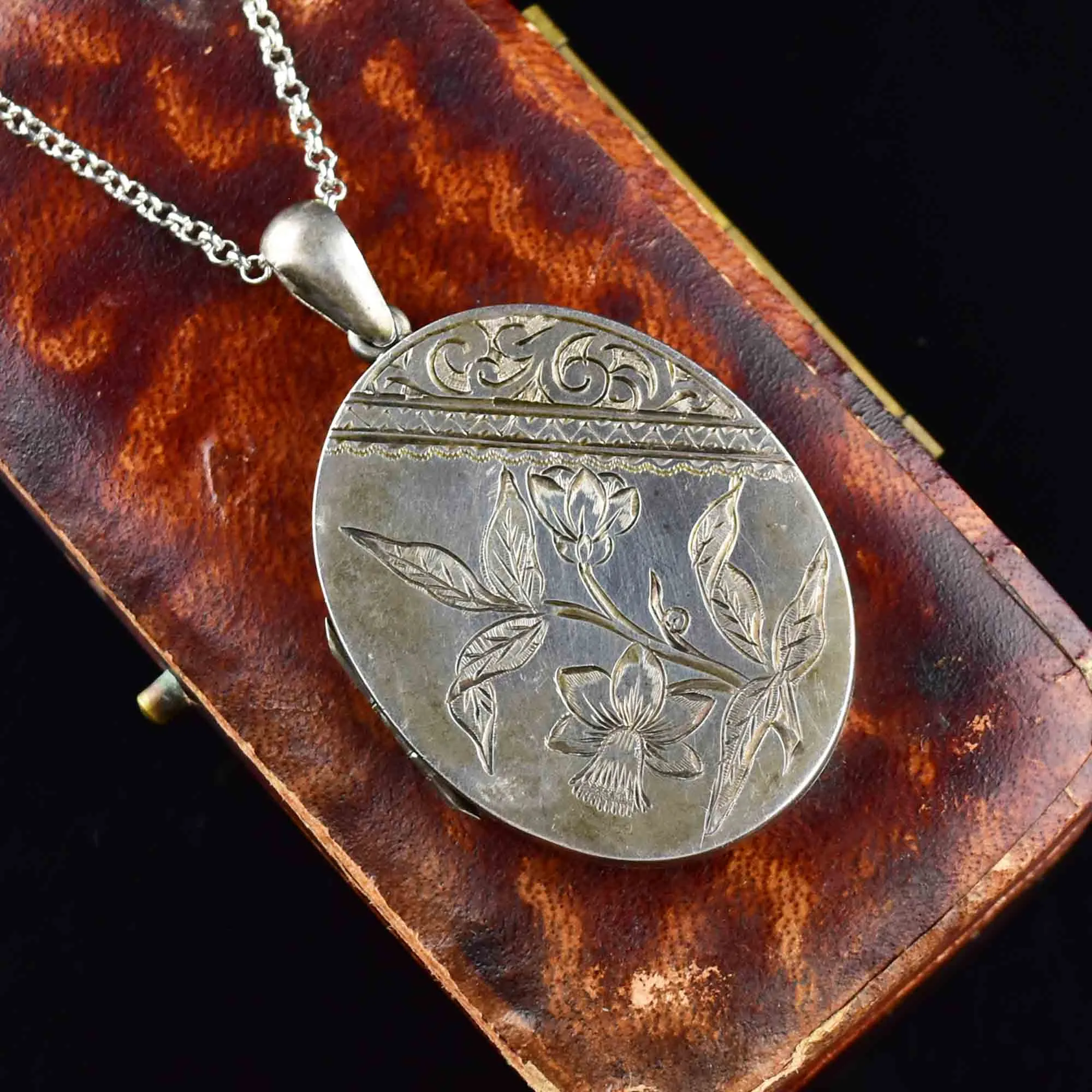 Victorian Large Silver Daffodil Mourning Locket Necklace
