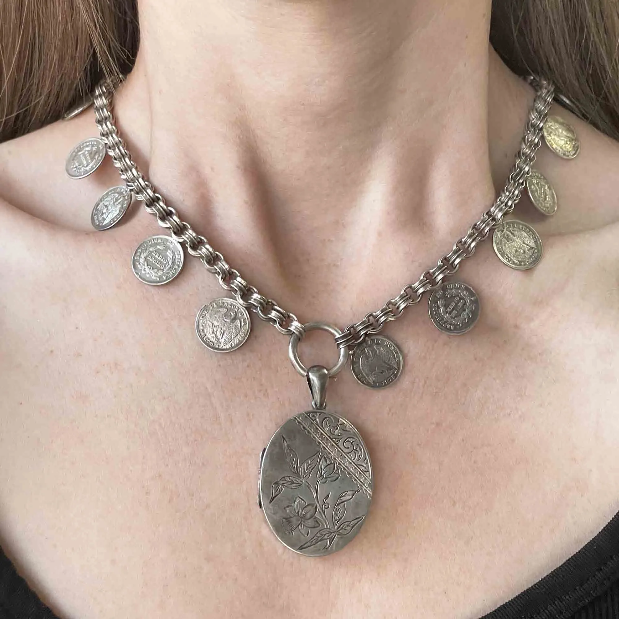 Victorian Large Silver Daffodil Mourning Locket Necklace