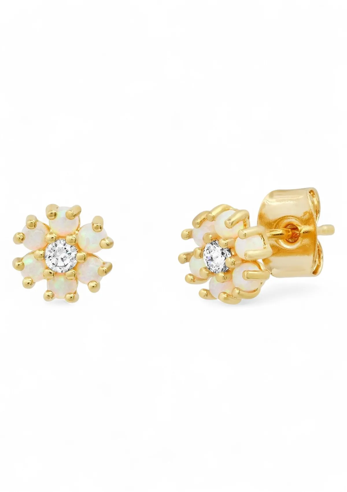 White Opal Flower With Clear CZ Center Post Earrings