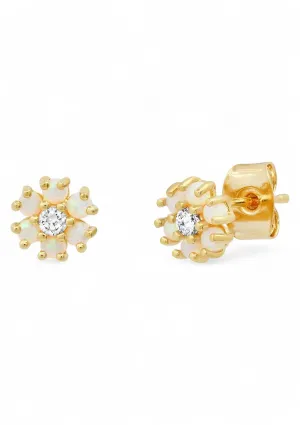 White Opal Flower With Clear CZ Center Post Earrings