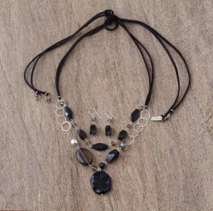 Women's Silver Onyx and Agate Jewelry Set - Guanajuato Night | NOVICA