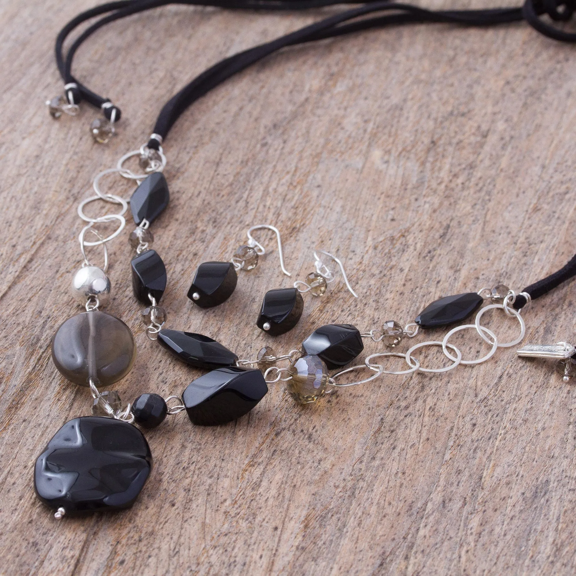 Women's Silver Onyx and Agate Jewelry Set - Guanajuato Night | NOVICA